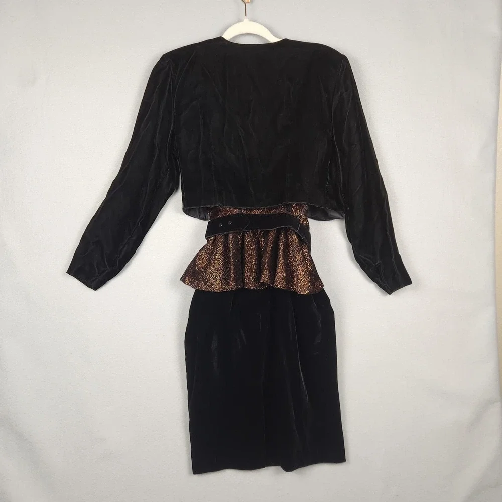 Vintage Hearts Dress Womens Small 3/4 Black Peplum‎ Velvet 2 Piece Made USA 80s - Picture 2 of 16